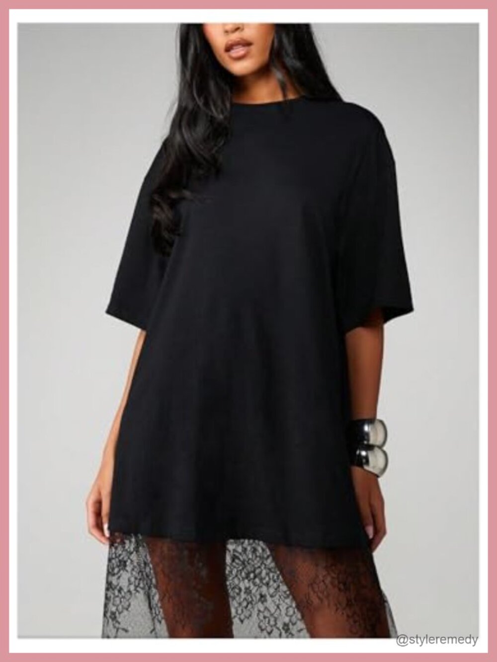 Oversized Lace Tshirt Midi Dress Half Sleeve Drop Shoulder Casual - Picture 2 of 5